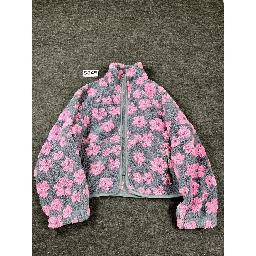Buttermelon Jacket Women Small Gray Pink Floral Full Zip Sherpa Fleece Mock Neck